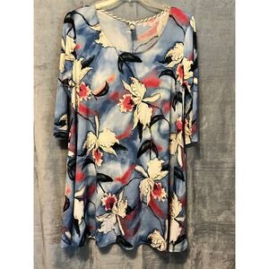 Honeyme Los Angeles Floral Print Tunic Top Blue Red White Size Large USA Made